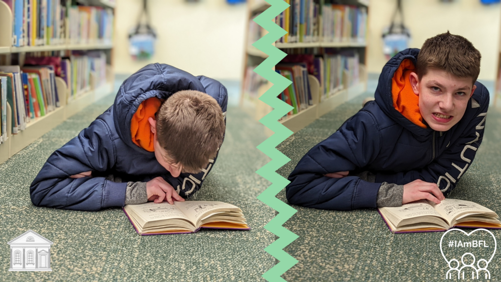 on left, Chase lying in the children's stacks reading "Diary of a Wimpy Kid" on right, Chase looking up from his book and smiling