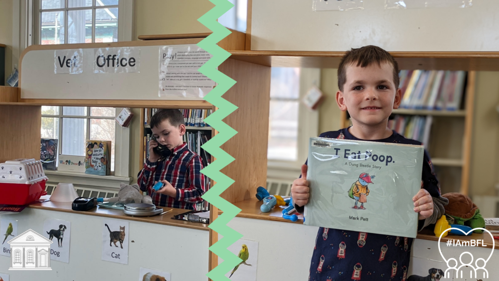 On left, Francis playing as a vet on a play phone. On right, Francis smiling with book, "I Eat Poop" by Mark Pett