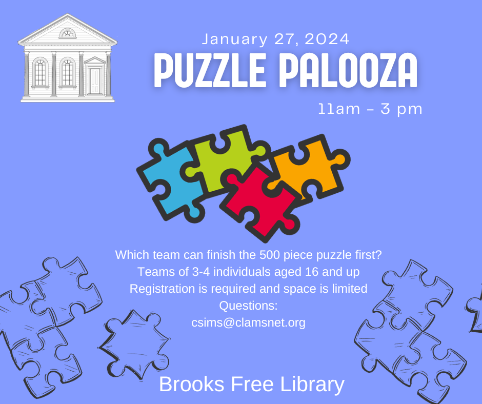 decorative, purple background with multi-colored puzzle pieces announcing the puzzle palooza