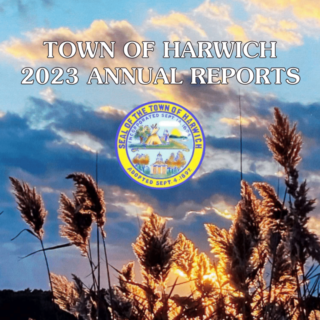 Image of Town of Harwich 2023 Annual Reports Cover. Sunset over Marsh Grass and the Town of Harwich Seal.