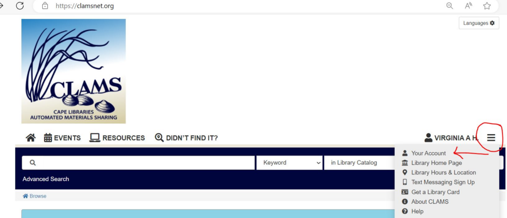 An image of the clams online catalog, with a hamburger menu circled and an arrow pointing to "Your Account"