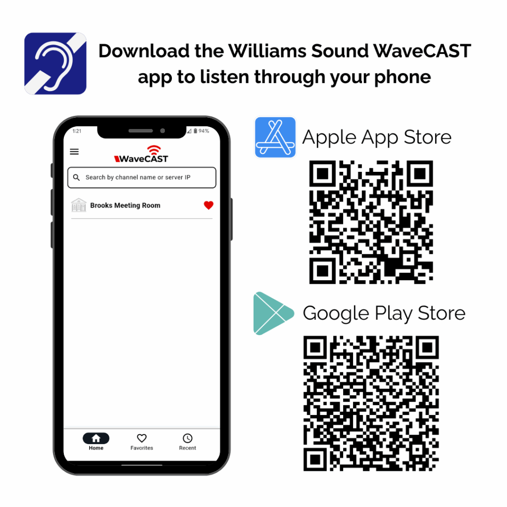 A preview of the Williams Sound WaveCAST app, showing the Brooks Meeting Room channel favorited